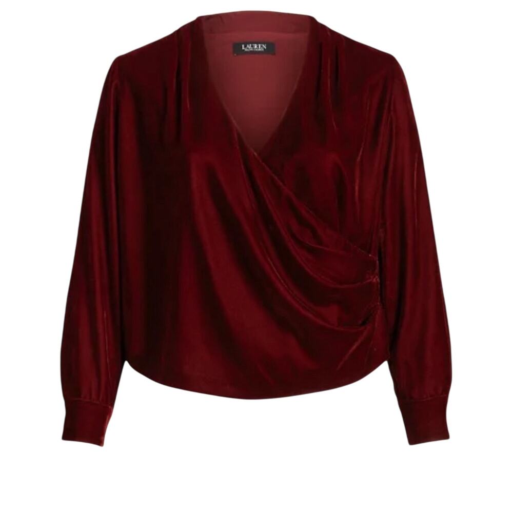 Ralph Lauren Pleated Velvet Surplice Burgundy Blouse size 8